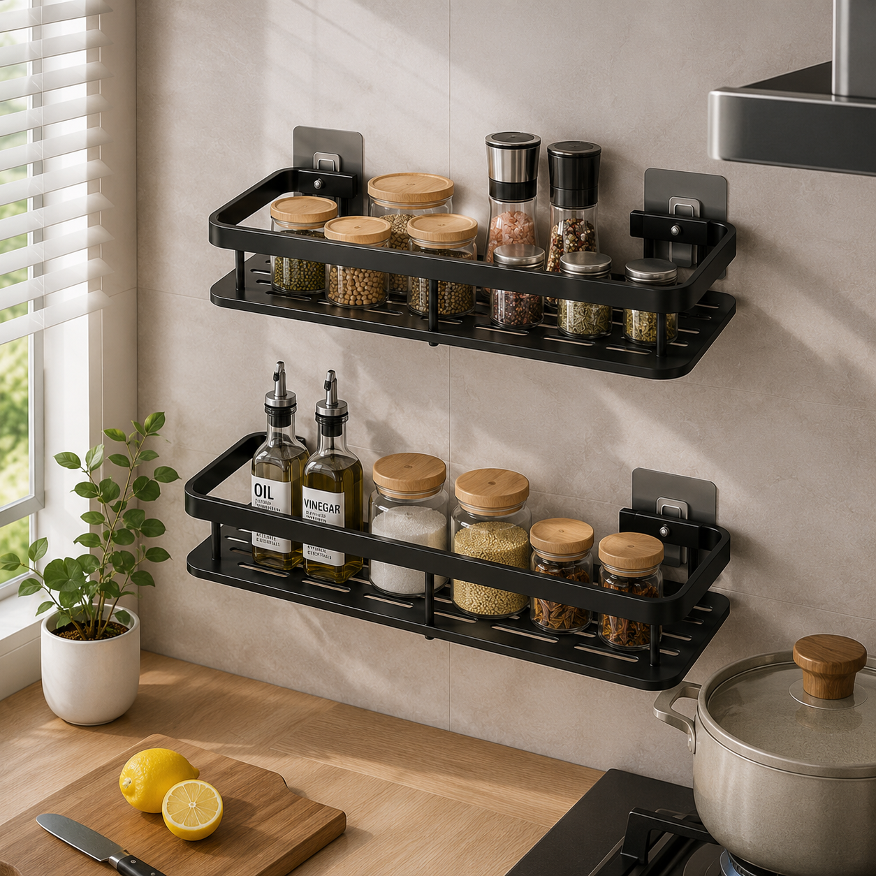 Étagère Murale Salle de Bain &amp; Cuisine Sans Perçage – Lot de 2 Organisateurs Adhésifs en Aluminium Noir