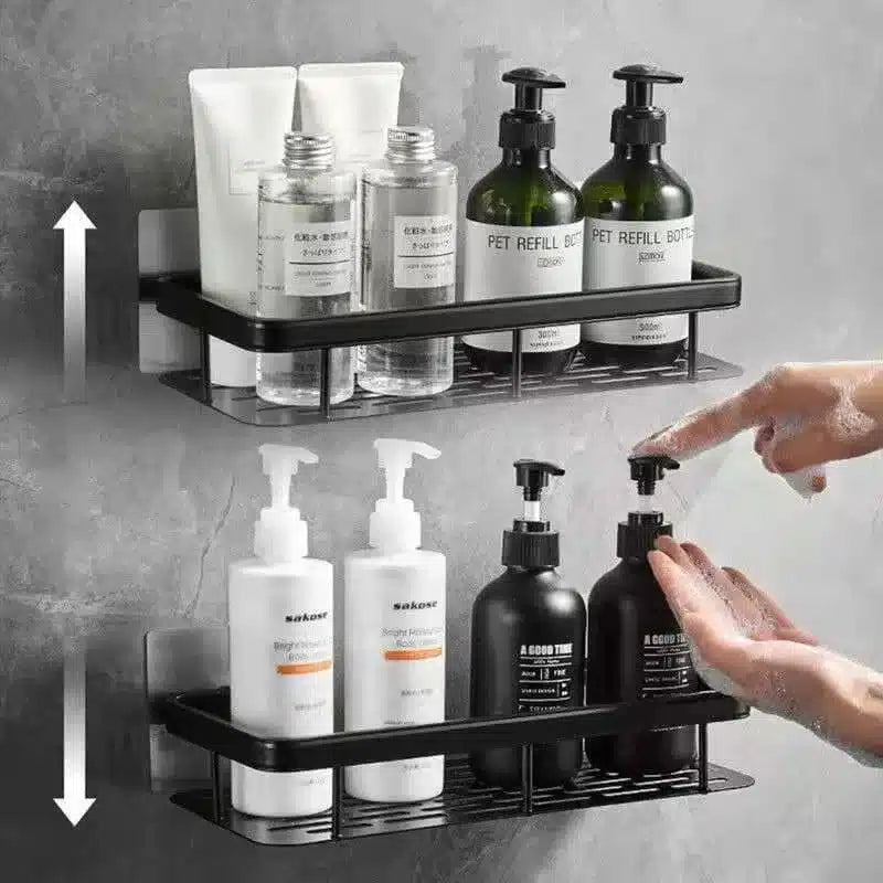 Étagère Murale Salle de Bain &amp; Cuisine Sans Perçage – Lot de 2 Organisateurs Adhésifs en Aluminium Noir