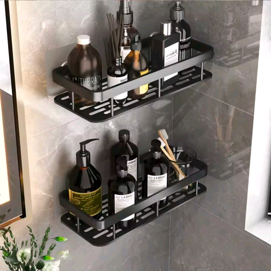 Étagère Murale Salle de Bain &amp; Cuisine Sans Perçage – Lot de 2 Organisateurs Adhésifs en Aluminium Noir