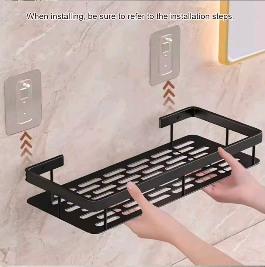 Étagère Murale Salle de Bain &amp; Cuisine Sans Perçage – Lot de 2 Organisateurs Adhésifs en Aluminium Noir