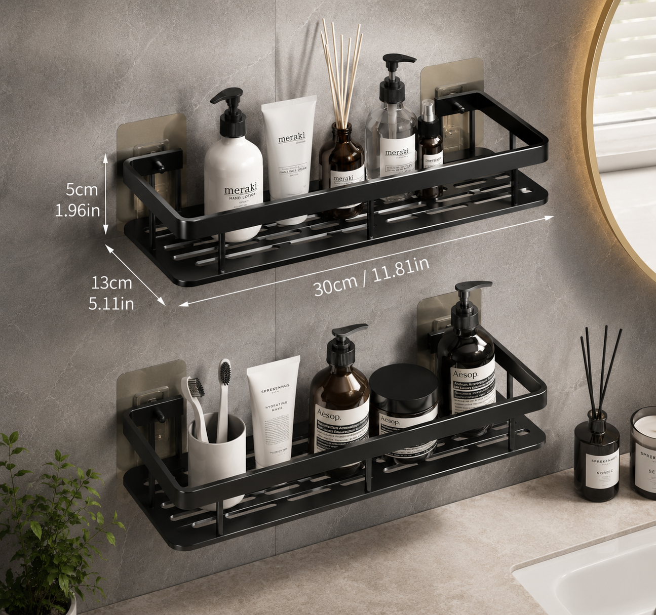 Étagère Murale Salle de Bain &amp; Cuisine Sans Perçage – Lot de 2 Organisateurs Adhésifs en Aluminium Noir