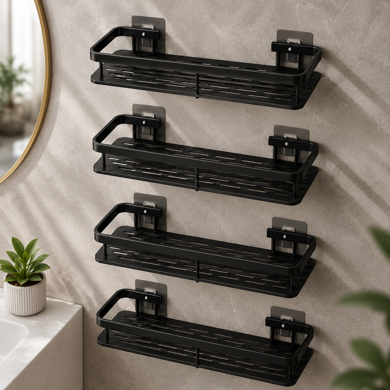Étagère Murale Salle de Bain &amp; Cuisine Sans Perçage – Lot de 2 Organisateurs Adhésifs en Aluminium Noir