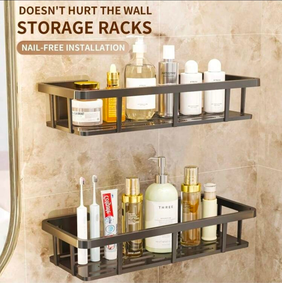 Étagère Murale Salle de Bain &amp; Cuisine Sans Perçage – Lot de 2 Organisateurs Adhésifs en Aluminium Noir