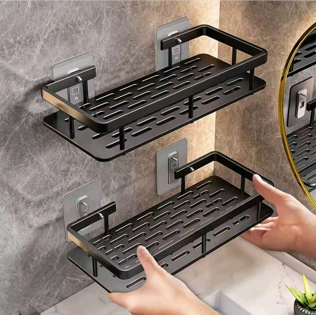 Étagère Murale Salle de Bain &amp; Cuisine Sans Perçage – Lot de 2 Organisateurs Adhésifs en Aluminium Noir